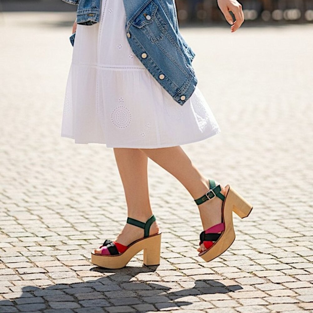 Loeffler Randall Elsa Platform Sandals Wood Clog Multi Silk Knot Heel Size 6 - Picture 2 of 16